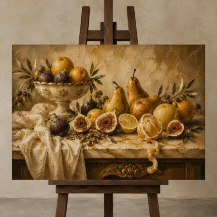 Pedestal Citrus and Fig Fruit Still Life Wall Art Canvas Print displayed on a studio easel