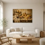 Pedestal Citrus and Fig Fruit Still Life Wall Art Canvas Print styled in a refined neutral interior