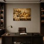 Pedestal Citrus and Fig Fruit Still Life Wall Art Canvas Print displayed in a contemporary gallery-inspired room
