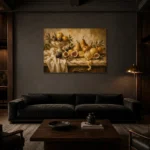 Pedestal Citrus and Fig Fruit Still Life Wall Art Canvas Print shown in a warm modern interior