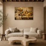 Pedestal Citrus and Fig Fruit Still Life Wall Art Canvas Print presented in a sophisticated home setting