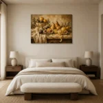 Pedestal Citrus and Fig Fruit Still Life Wall Art Canvas Print showcased in an elegant minimalist interior
