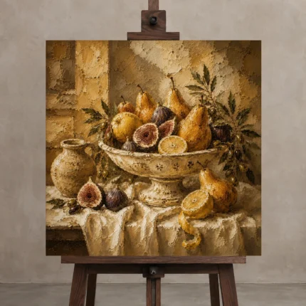 Classical Pedestal Bowl Fruit Still Life Wall Art Canvas Print shown in Studio Easel