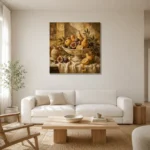 Classical Pedestal Bowl Fruit Still Life Wall Art Canvas Print styled in a refined neutral interior