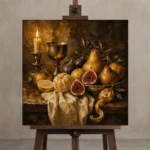 Candlelit Goblet and Fig Fruit Still Life Wall Art Canvas Print displayed on a studio easel