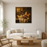 Candlelit Goblet and Fig Fruit Still Life Wall Art Canvas Print styled in a refined neutral interior