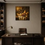 Candlelit Goblet and Fig Fruit Still Life Wall Art Canvas Print displayed in a contemporary gallery-inspired room