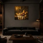 Candlelit Goblet and Fig Fruit Still Life Wall Art Canvas Print shown in a warm modern interior