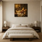 Candlelit Goblet and Fig Fruit Still Life Wall Art Canvas Print showcased in an elegant minimalist interior