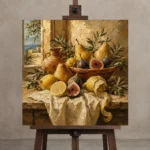 Coastal Pear and Fig Fruit Still Life Wall Art Canvas Print displayed on a studio easel