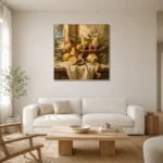 Coastal Pear and Fig Fruit Still Life Wall Art Canvas Print styled in a refined neutral interior