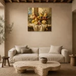 Coastal Pear and Fig Fruit Still Life Wall Art Canvas Print presented in a sophisticated home setting