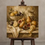 Classical Pear and Fig Fruit Still Life Wall Art Canvas Print displayed on a studio easel