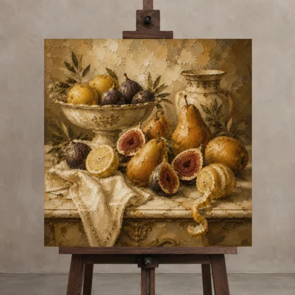 Classical Pear and Fig Fruit Still Life Wall Art Canvas Print shown in Studio Easel
