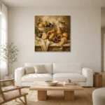 Classical Pear and Fig Fruit Still Life Wall Art Canvas Print styled in a refined neutral interior
