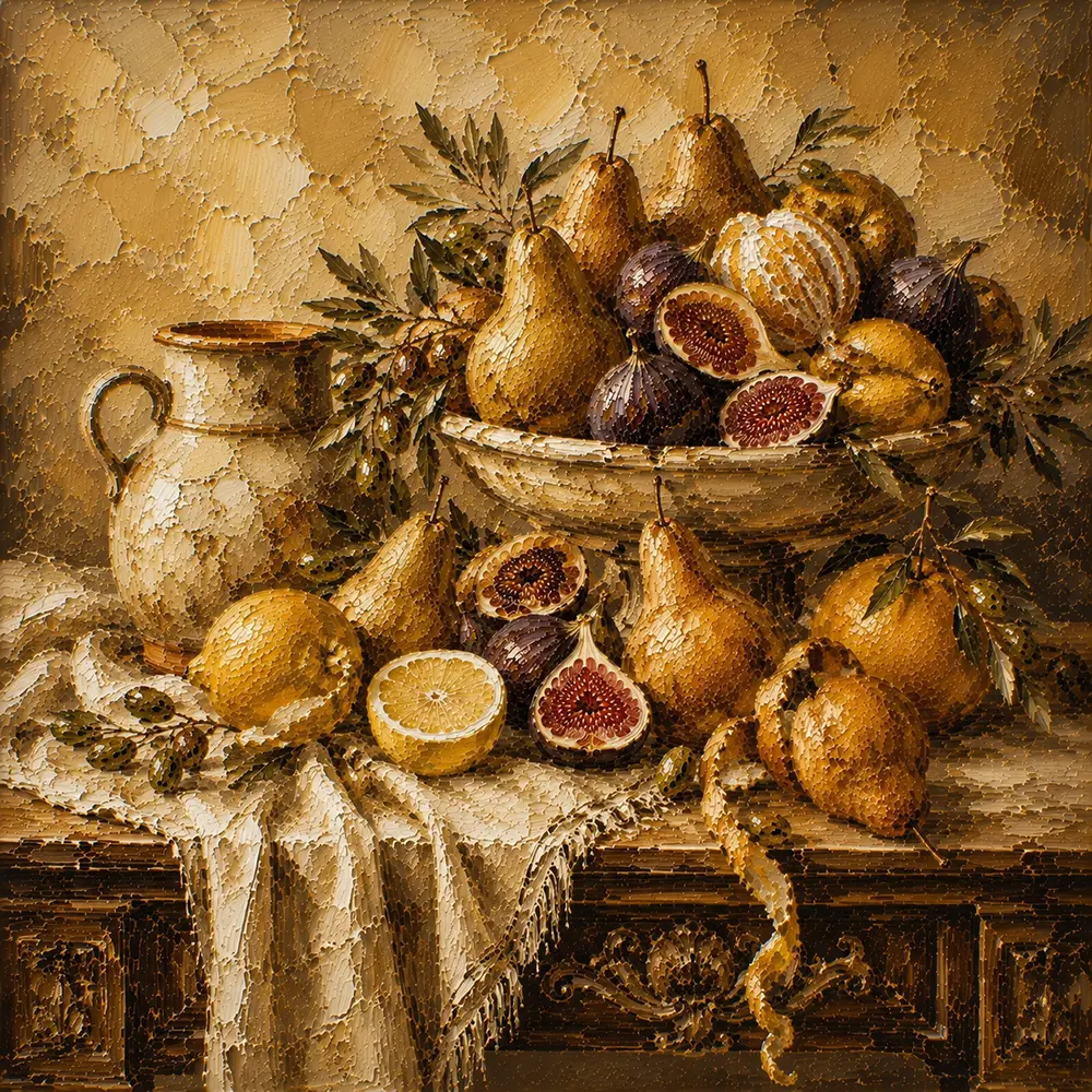 Fringed Linen Pear and Fig Fruit Still Life Wall Art Canvas Print