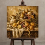 Fringed Linen Pear and Fig Fruit Still Life Wall Art Canvas Print displayed on a studio easel