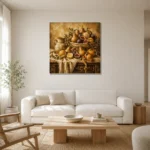 Fringed Linen Pear and Fig Fruit Still Life Wall Art Canvas Print styled in a refined neutral interior
