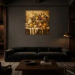 Fringed Linen Pear and Fig Fruit Still Life Wall Art Canvas Print shown in a warm modern interior