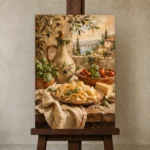 Tuscan Pasta Still Life Italian Dining Wall Art Canvas Print displayed on a studio easel