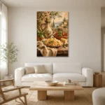 Tuscan Pasta Still Life Italian Dining Wall Art Canvas Print styled in a refined neutral interior