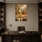 Tuscan Pasta Still Life Italian Dining Wall Art Canvas Print displayed in a contemporary gallery-inspired room