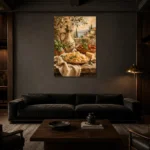 Tuscan Pasta Still Life Italian Dining Wall Art Canvas Print shown in a warm modern interior