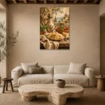 Tuscan Pasta Still Life Italian Dining Wall Art Canvas Print presented in a sophisticated home setting