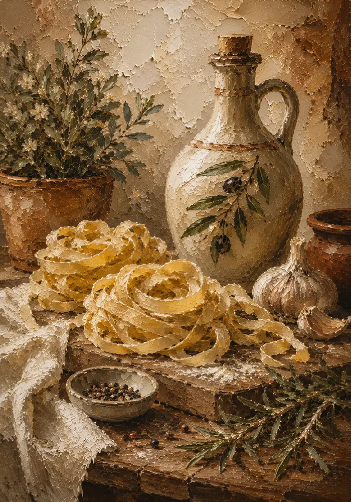Olive Oil Pasta Still Life Italian Dining Wall Art Canvas Print