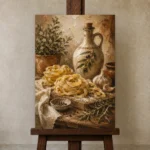 Olive Oil Pasta Still Life Italian Dining Wall Art Canvas Print displayed on a studio easel