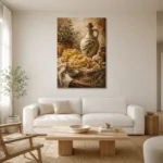 Olive Oil Pasta Still Life Italian Dining Wall Art Canvas Print styled in a refined neutral interior