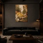 Olive Oil Pasta Still Life Italian Dining Wall Art Canvas Print shown in a warm modern interior