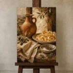 Terracotta Pitcher Pasta Still Life Italian Dining Wall Art Canvas Print displayed on a studio easel