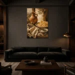 Terracotta Pitcher Pasta Still Life Italian Dining Wall Art Canvas Print shown in a warm modern interior
