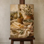 Olive Oil Pasta Sheets Italian Dining Wall Art Canvas Print displayed on a studio easel