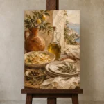 Lemon Grove Pasta Italian Dining Wall Art Canvas Print displayed on a studio easel