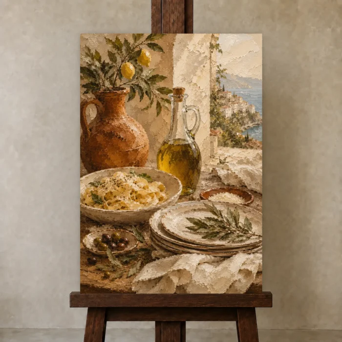 Lemon Grove Pasta Italian Dining Wall Art Canvas Print displayed on a studio easel