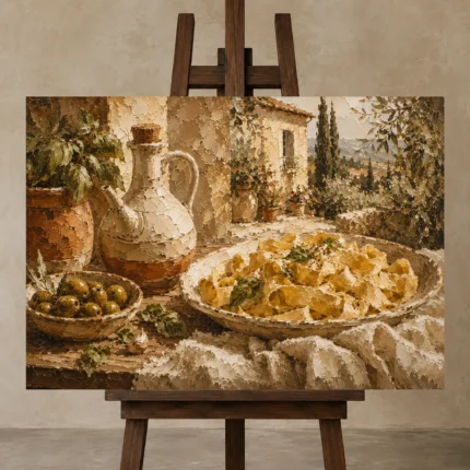Tuscan Terrace Pasta Italian Dining Wall Art Canvas Print displayed on a studio easel