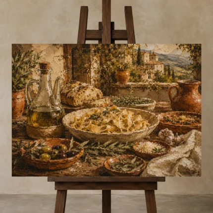 Tuscan Villa Pasta Still Life Italian Dining Wall Art Canvas Print displayed on a studio easel