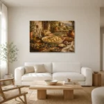 Tuscan Villa Pasta Still Life Italian Dining Wall Art Canvas Print styled in a refined neutral interior