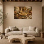 Tuscan Villa Pasta Still Life Italian Dining Wall Art Canvas Print presented in a sophisticated home setting