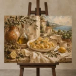 Coastal Lemon Pasta Italian Dining Wall Art Canvas Print displayed on a studio easel