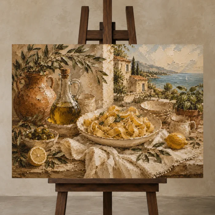Coastal Lemon Pasta Italian Dining Wall Art Canvas Print displayed on a studio easel