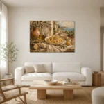 Coastal Lemon Pasta Italian Dining Wall Art Canvas Print styled in a refined neutral interior