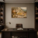 Coastal Lemon Pasta Italian Dining Wall Art Canvas Print displayed in a contemporary gallery-inspired room