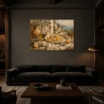 Coastal Lemon Pasta Italian Dining Wall Art Canvas Print shown in a warm modern interior