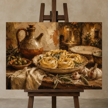 Evening Courtyard Pasta Italian Dining Wall Art Canvas Print shown in Studio Easel