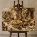 Courtyard Feast Table Italian Dining Wall Art Canvas Print displayed on a studio easel