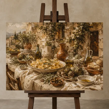Courtyard Feast Table Italian Dining Wall Art Canvas Print shown in Studio Easel