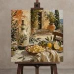 Lemon Courtyard Pasta Italian Dining Wall Art Canvas Print displayed on a studio easel